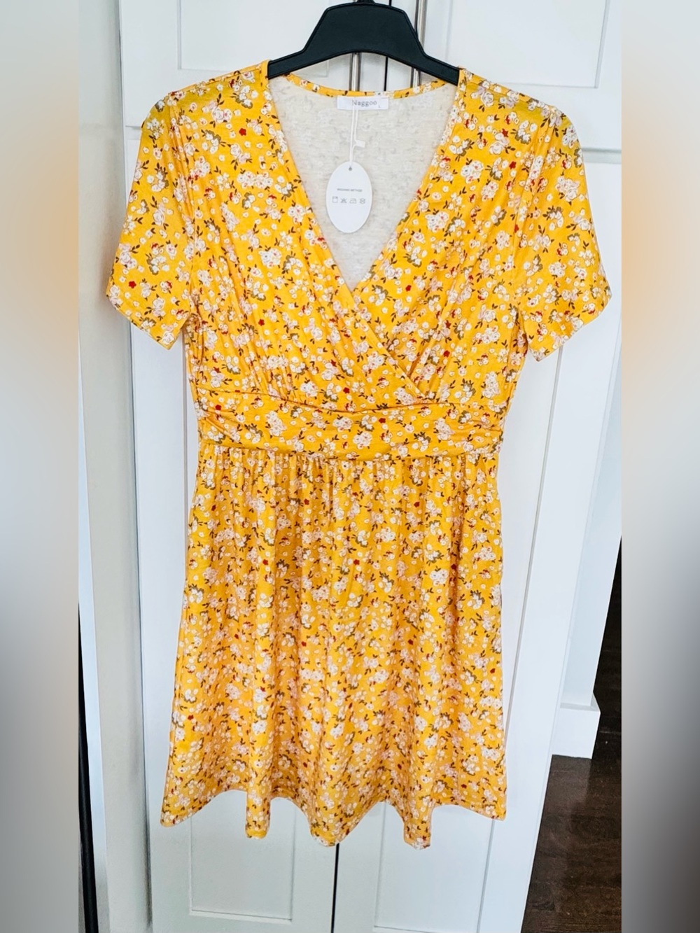 Yellow Floral Wrap-Style Short Sleeve Dress